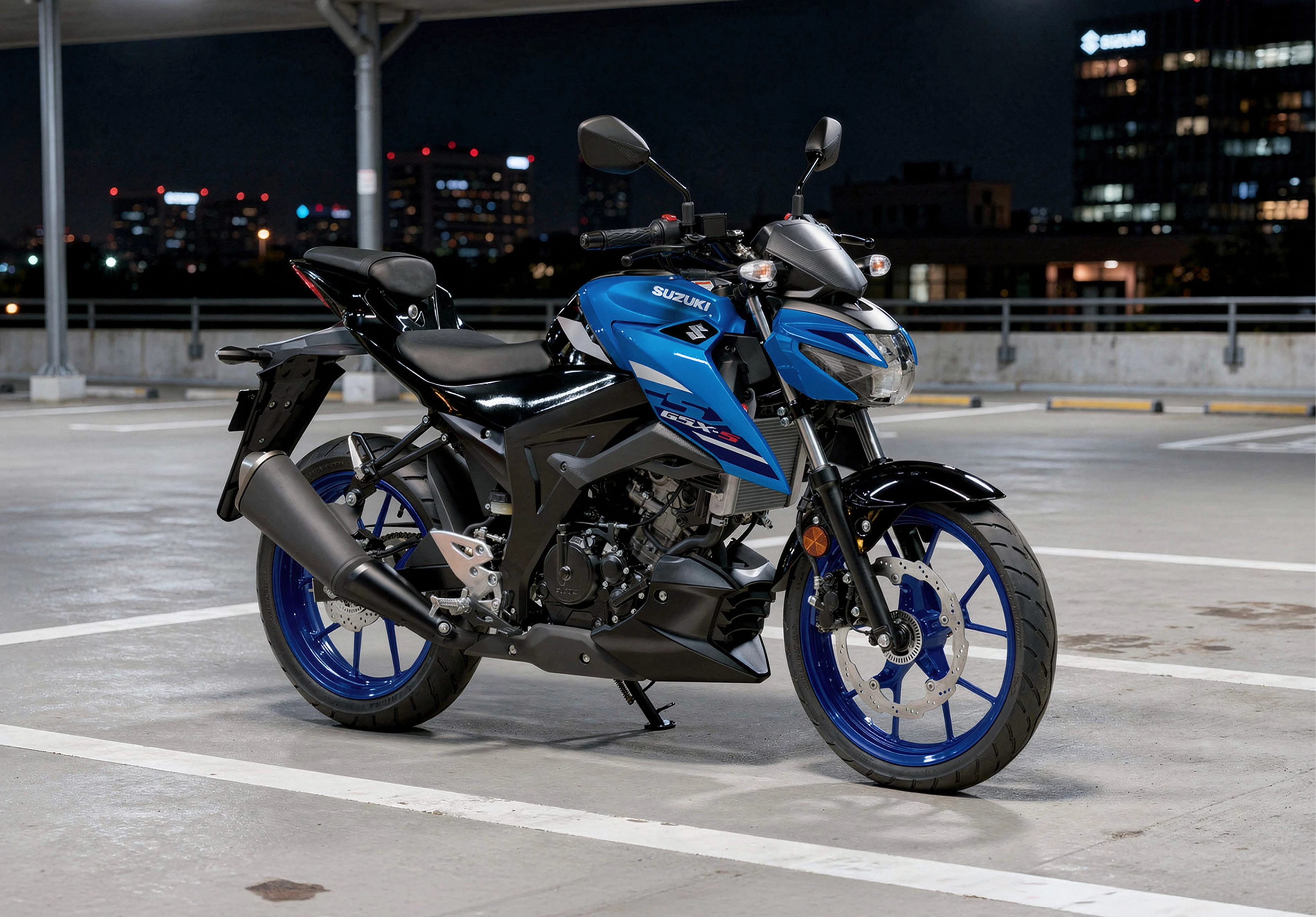 Suzuki GSX-S125 right hand side in a rooftop car park with a city at night backdrop