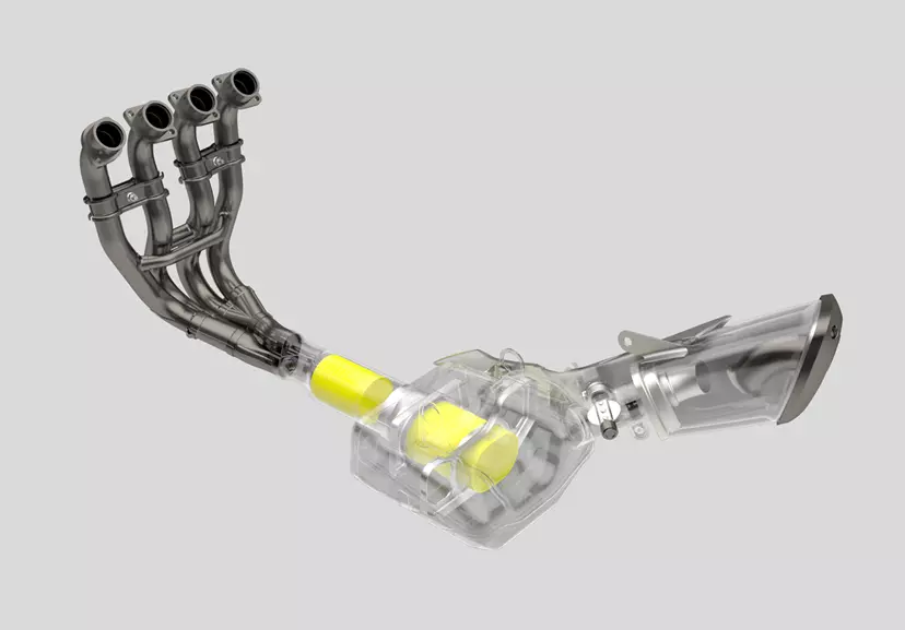 Suzuki GSX-S1000 exhaust system CAD drawing of the internal process and parts