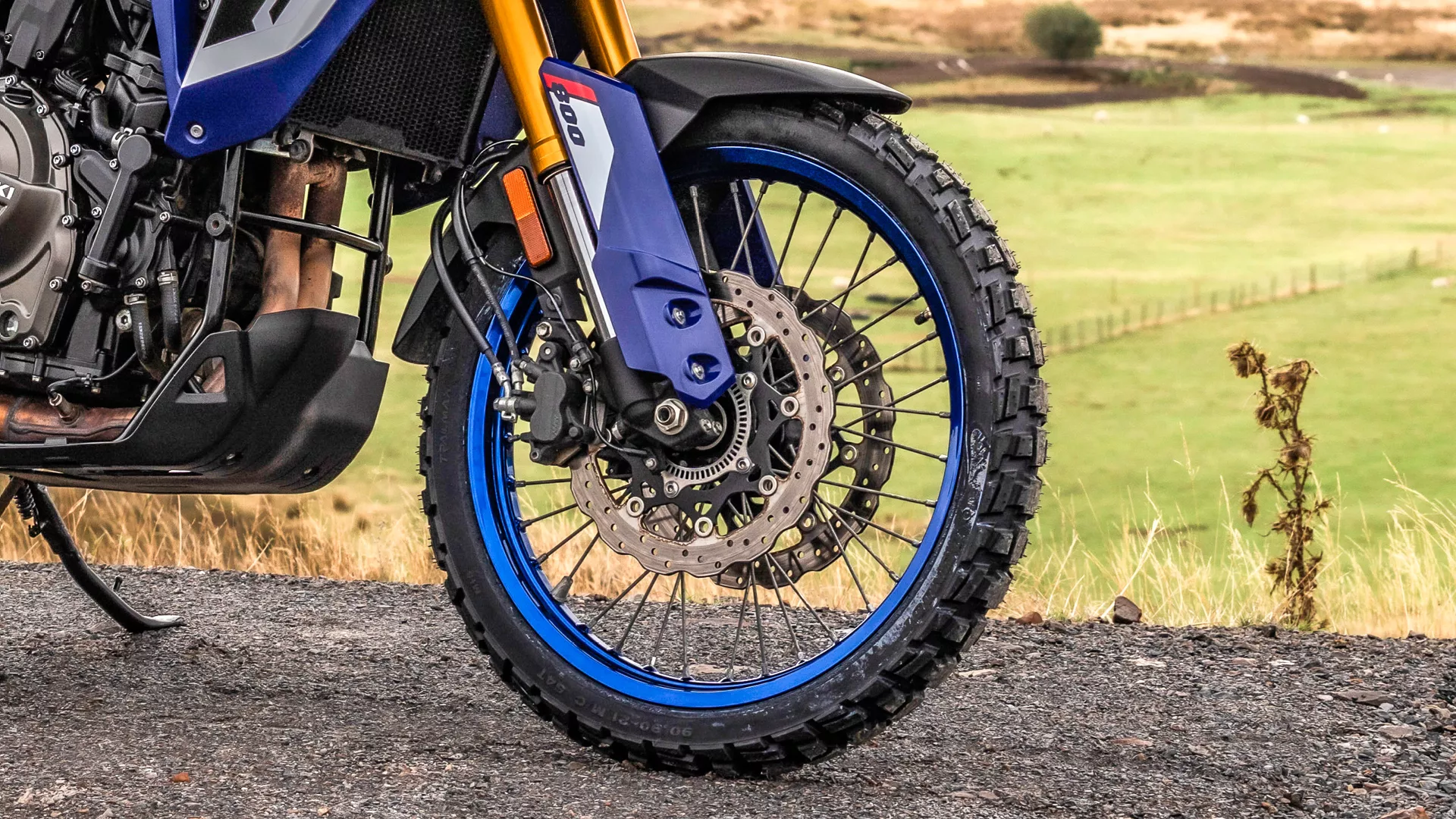 Suzuki V-Strom 800DE front tyre close up on location
