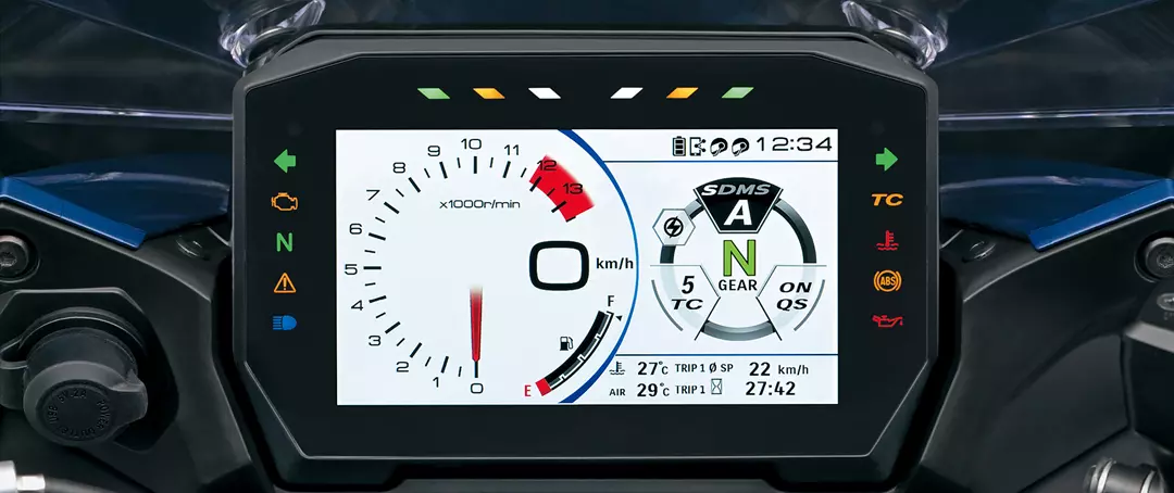 Close-up of the Suzuki GSX-S1000GT’s instrument panel displaying RPM, gear, and speed information, emphasizing its performance data