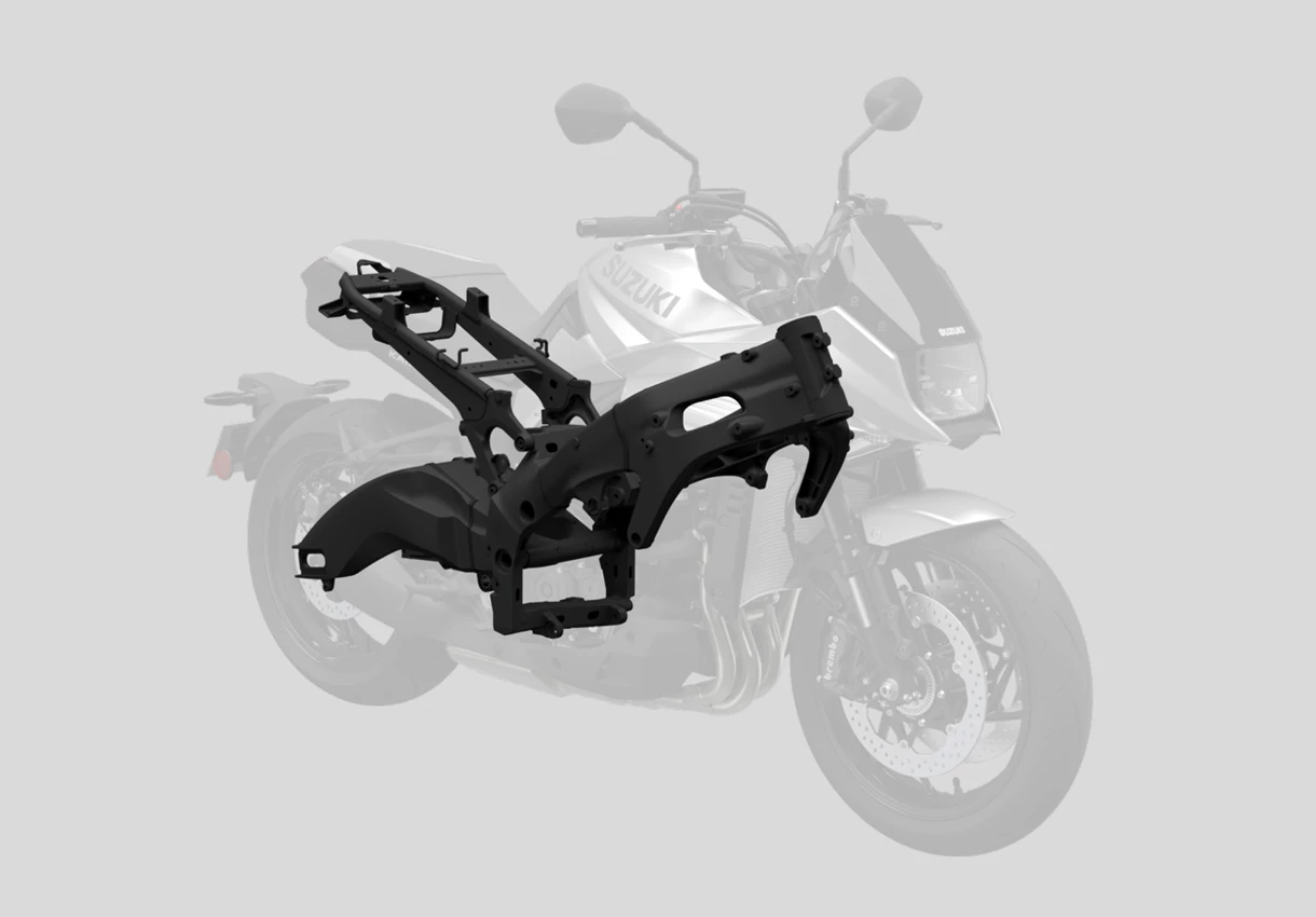 Suzuki Katana frame shown with the bike transparent over the top.
