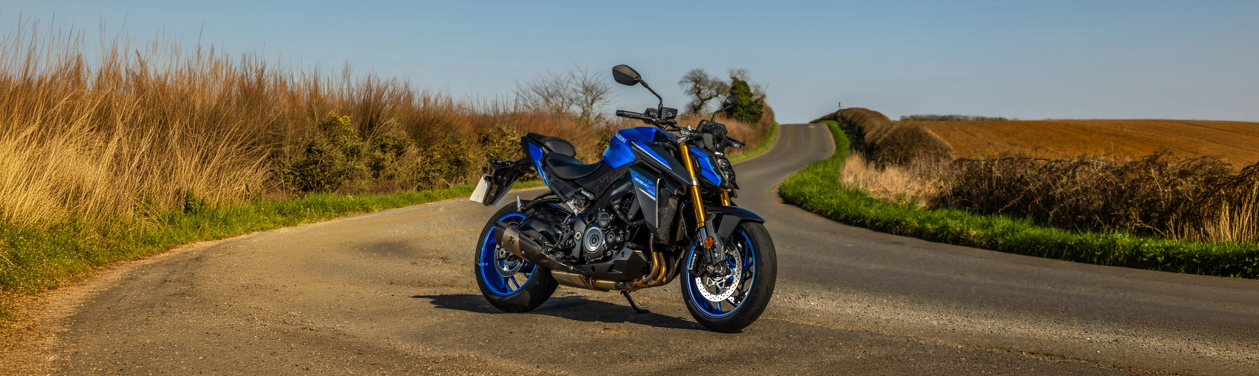 Suzuki GSX-S1000 blue right hand side static image with a country road in the background