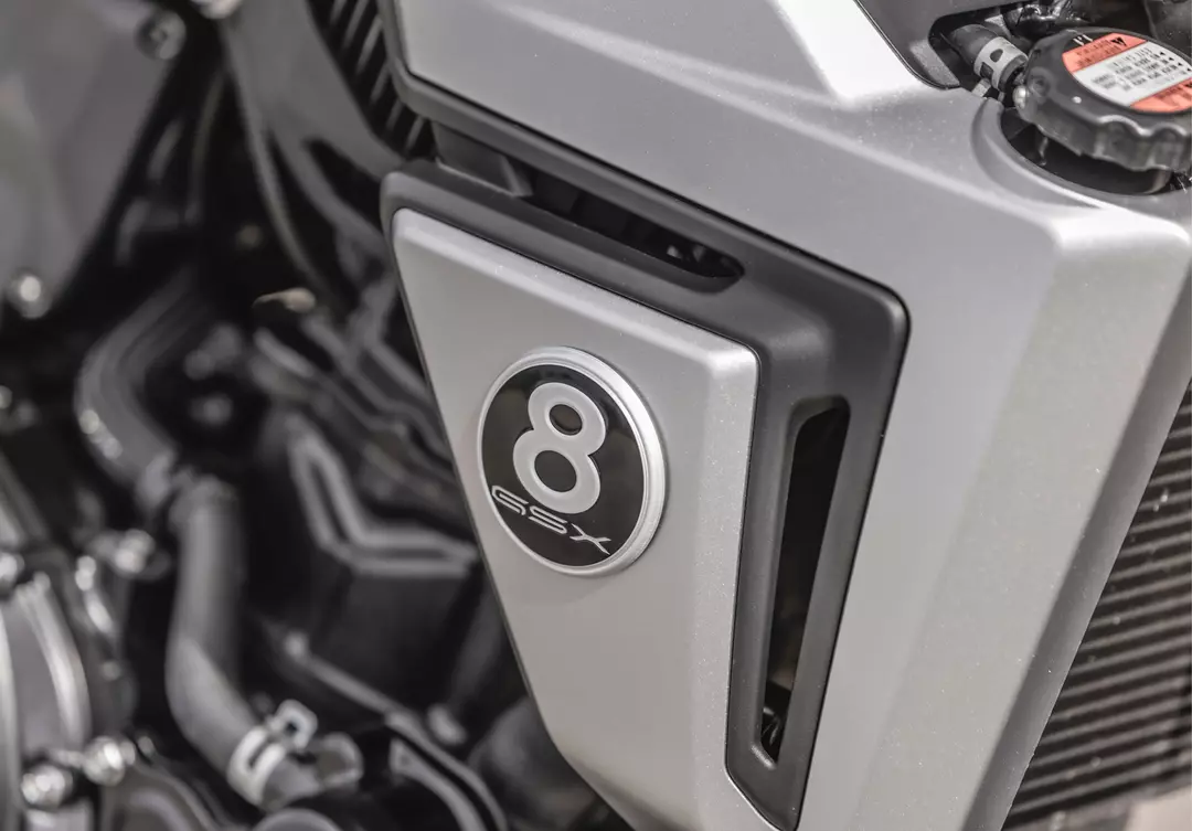 Suzuki GSX-8T right hand side 8-ball logo close up