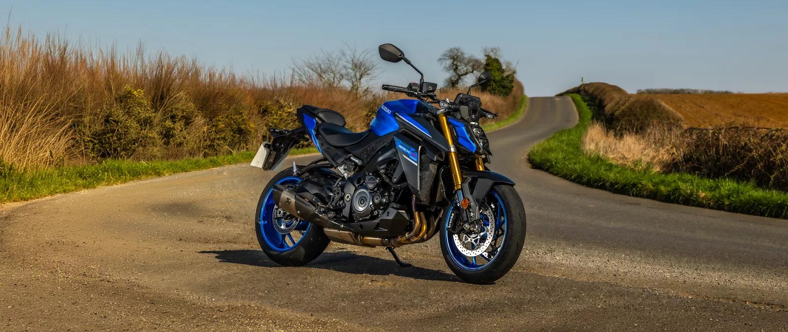 Suzuki GSX-S1000 blue right hand side static image with a country road in the background