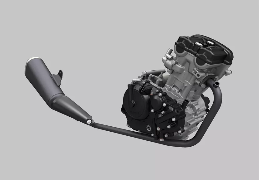 Suzuki GSX-S125 exhaust and engine right hand side CGI of the internals.