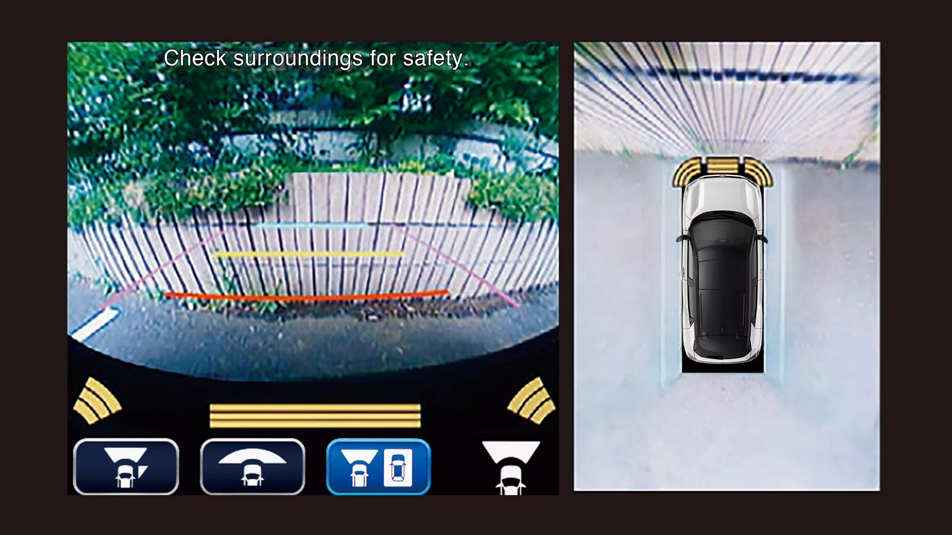 360-degree camera system of the Suzuki e Vitara displaying rear view and overhead view to assist with parking and safety.