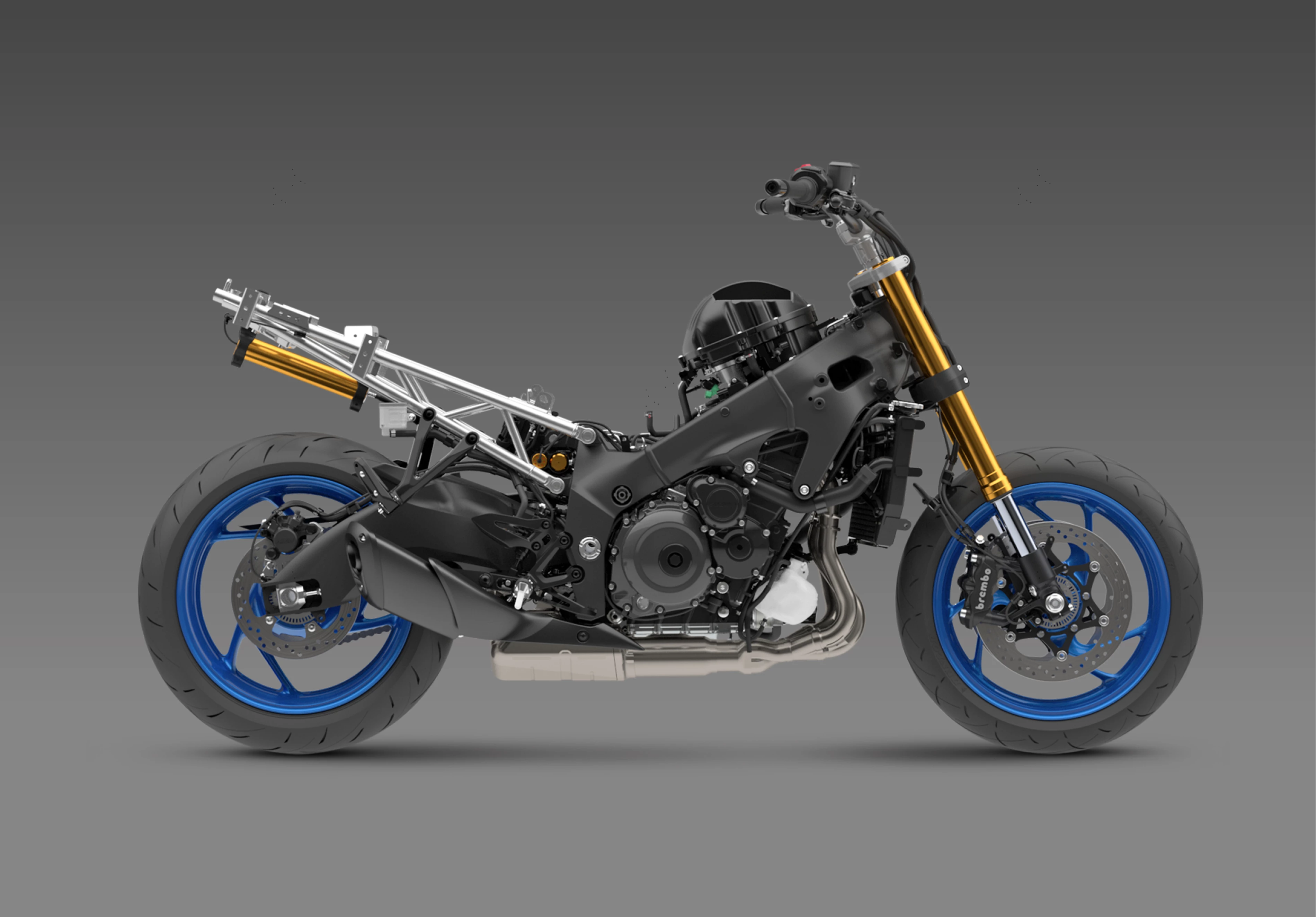 Suzuki GSX-S1000GX+ CAD of the bike without fairing to showcase frame and internals.