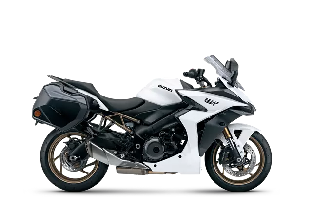 Right-side view of the Suzuki GSX-S1000GT+ in White showcasing its refined styling and premium finish