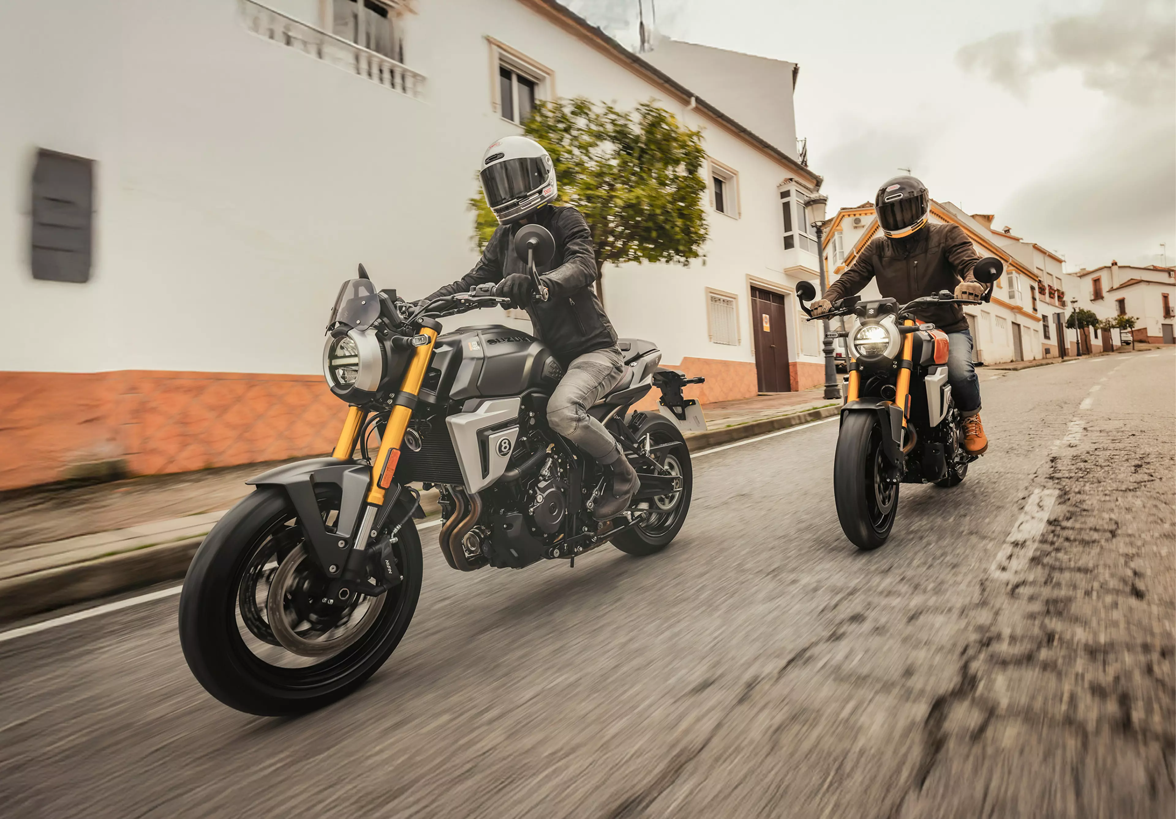 Suzuki GSX-8T two bikes riding through town