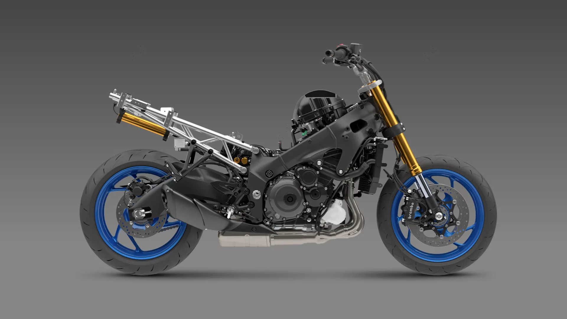 Suzuki GSX-S1000GX+ CAD of the bike without fairing to showcase frame and internals.