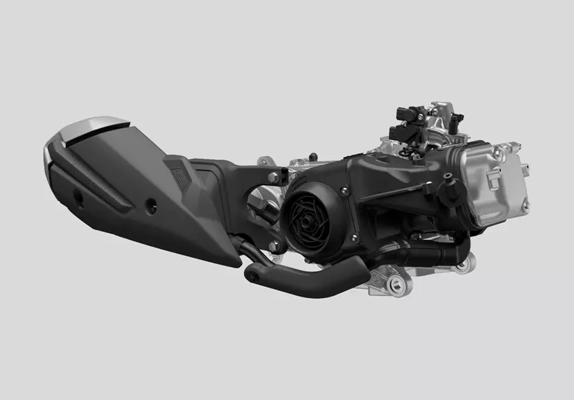 Suzuki Burgman Street 125EX CAD side view of the exhaust and engine, showcasing its compact and efficient design.
