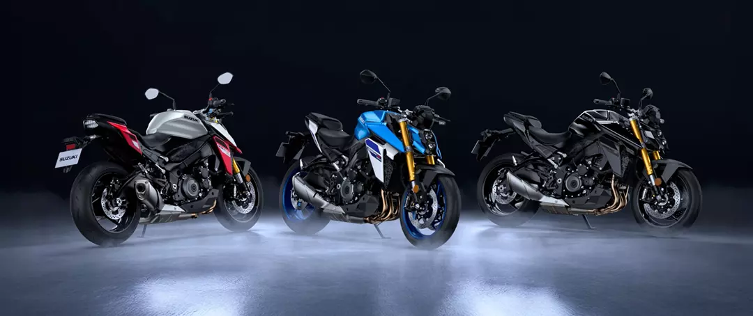 Suzuki GSX-S1000 range in the studio silver, blue and black colour schemes