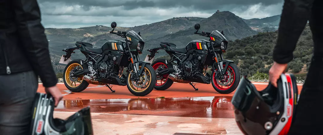 Suzuki GSX-8TT static group shot with both colours and a mountain background