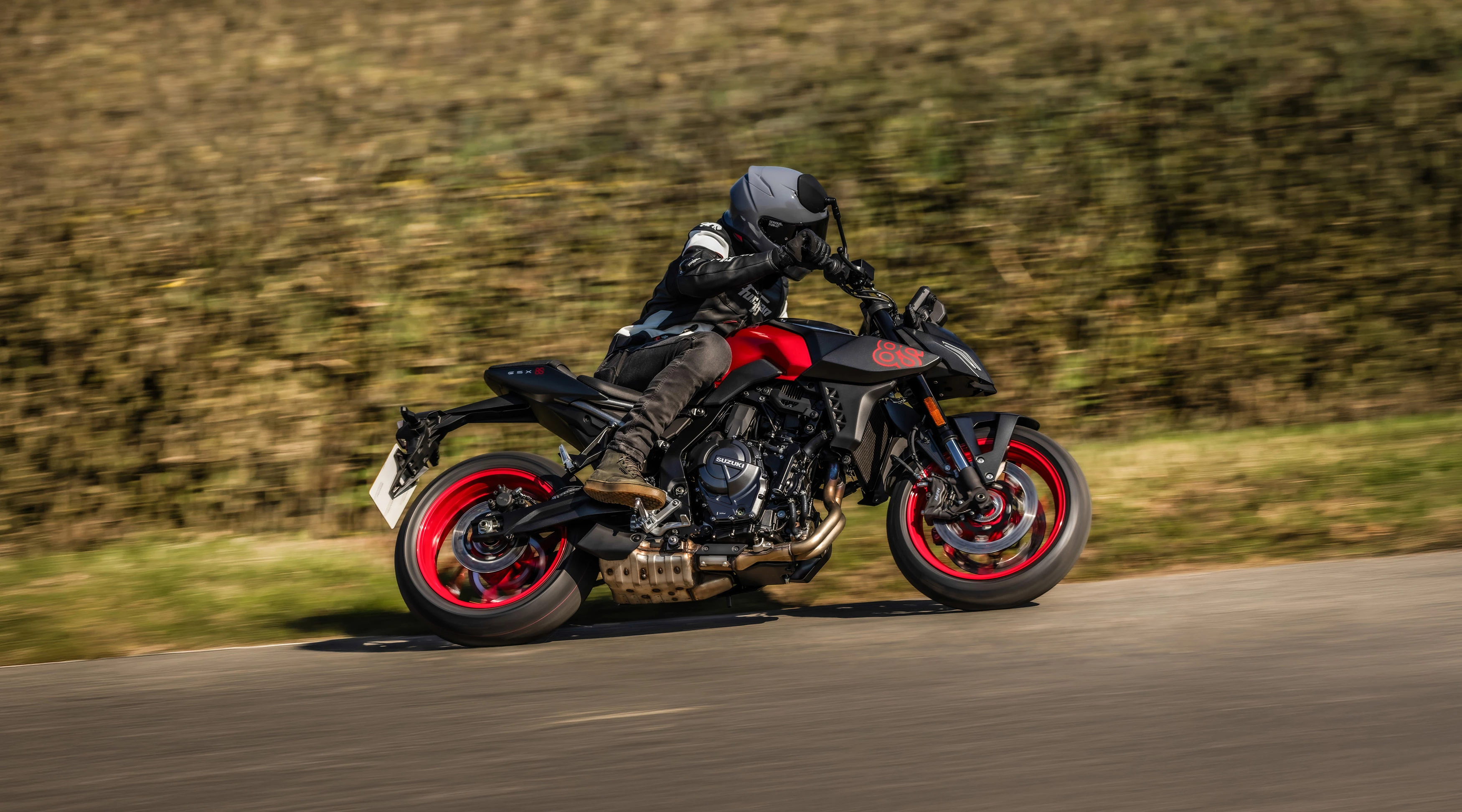 Suzuki GSX-8S black and read, cornering on a country road