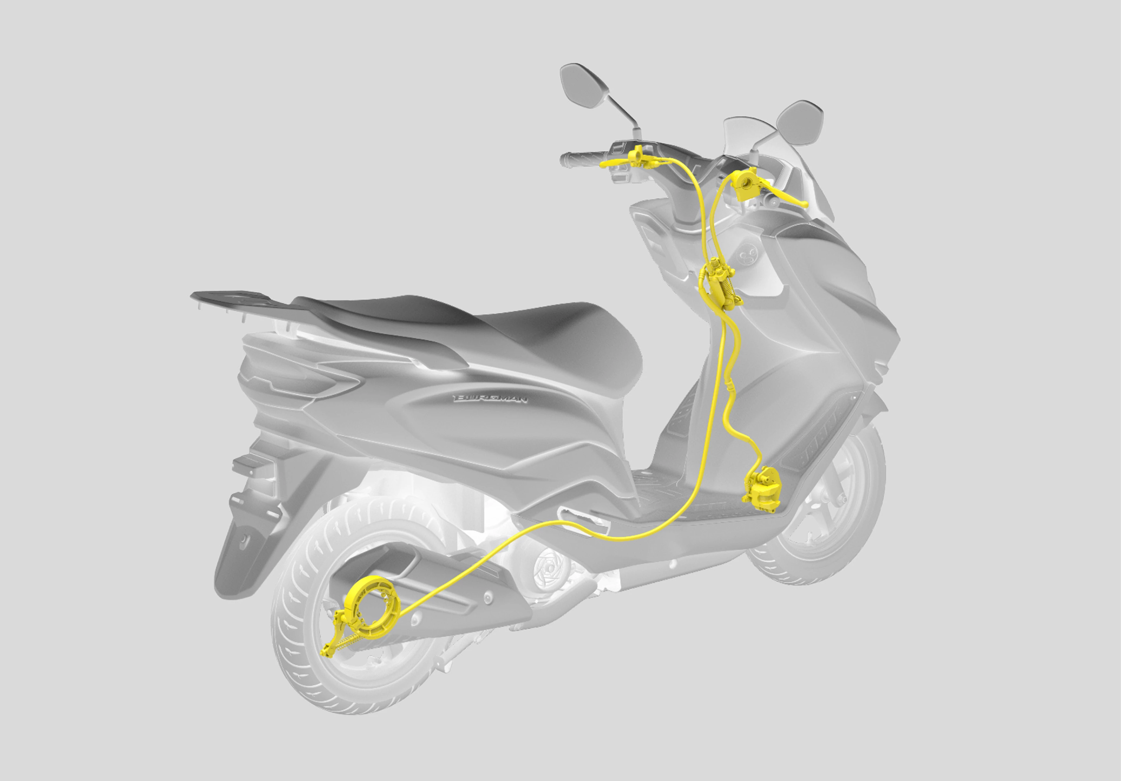 Suzuki Burgman Street 125EX technical diagram illustrating the combined braking system, highlighting brake lines and components in yellow.