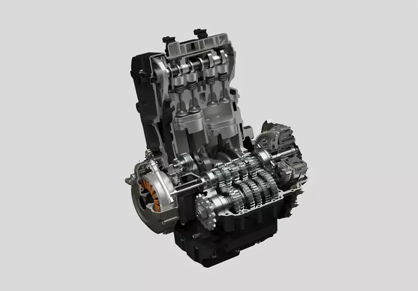 A detailed cutaway view of the Suzuki V-Strom 800DE’s parallel-twin engine, revealing the internal components and advanced engineering.