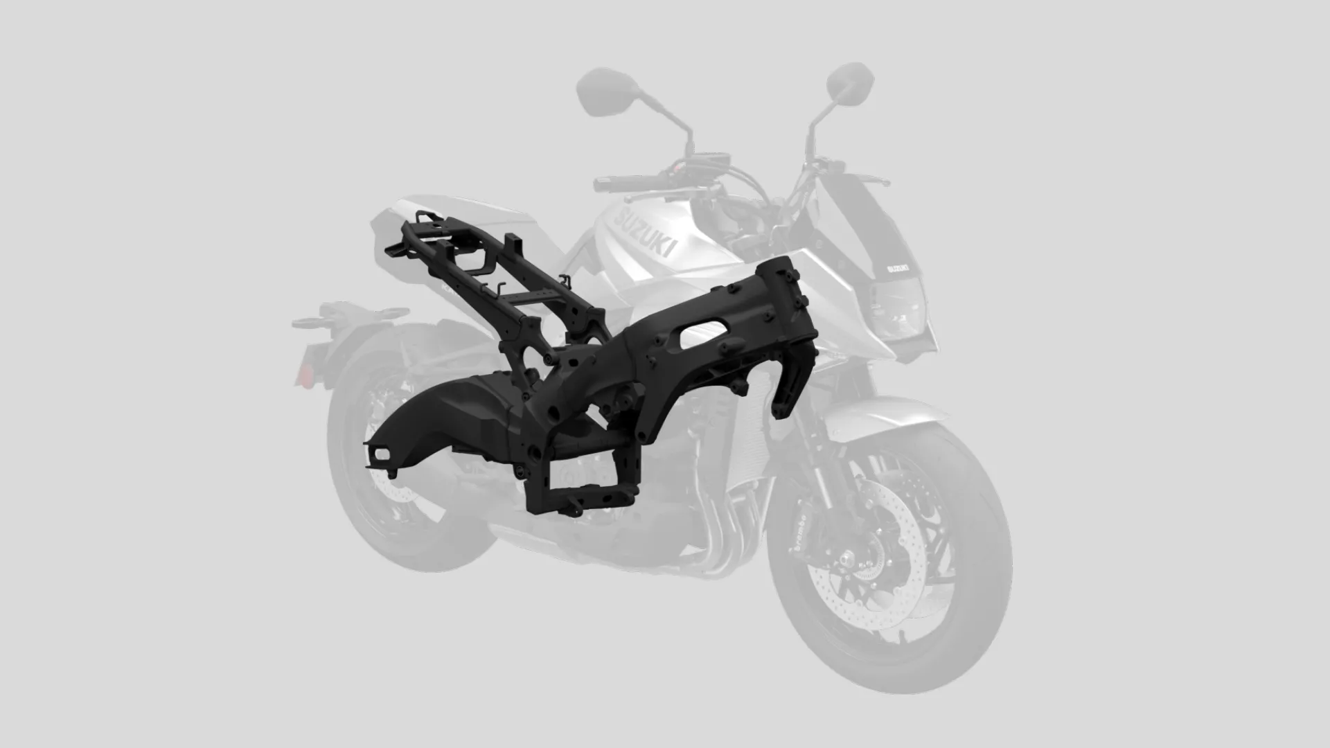 Suzuki Katana frame shown with the bike transparent over the top.