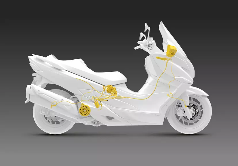 Suzuki Burgman 400 traction control system highlighted in a side on CAD image