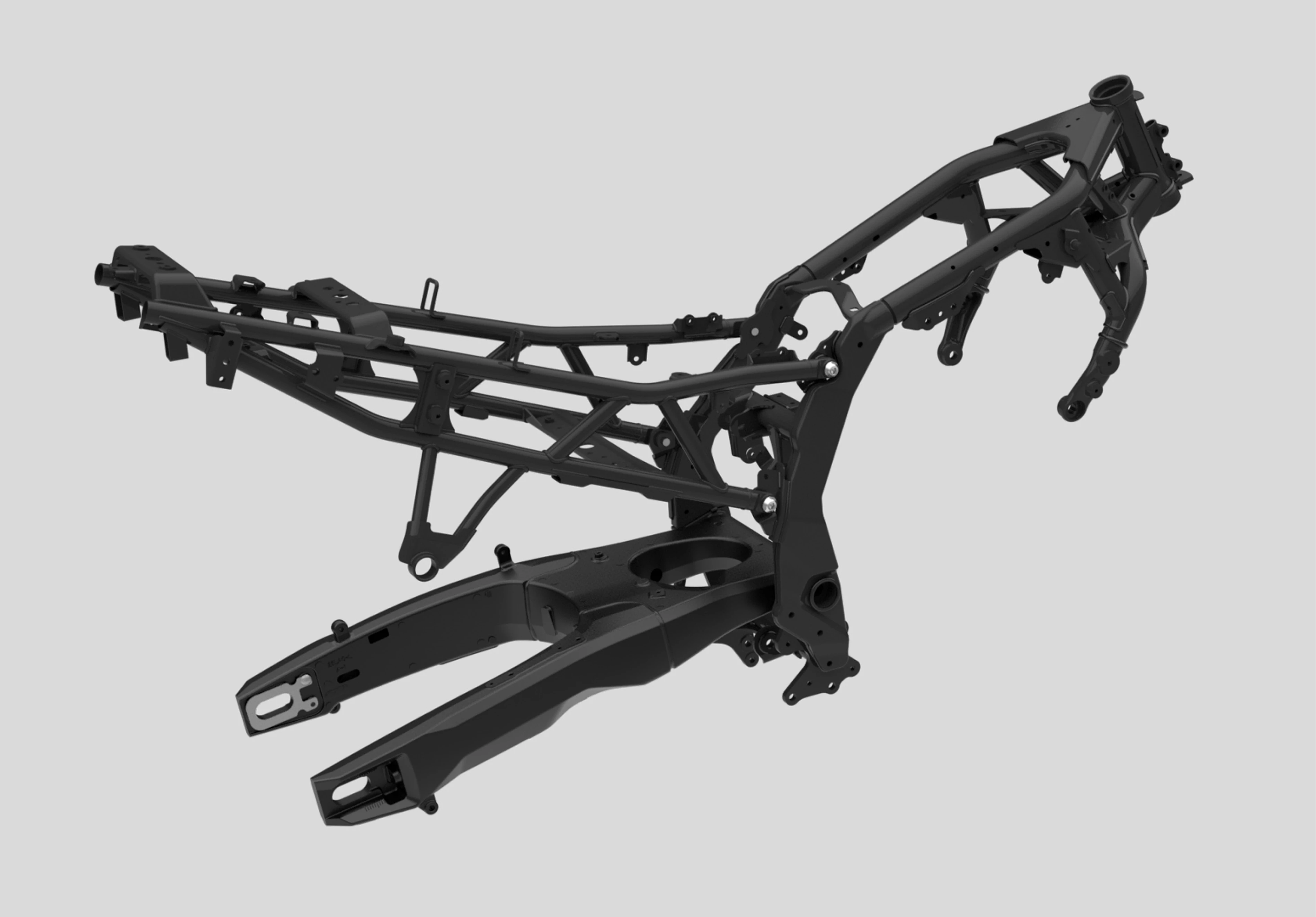 A detailed image of the Suzuki V-Strom 800DE chassis, emphasizing its lightweight yet durable frame design.