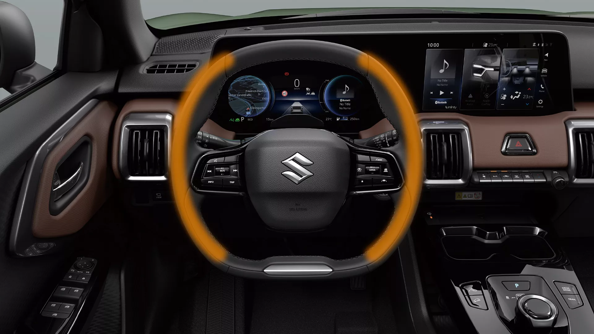 Interior view of the Suzuki e Vitara highlighting the heated steering wheel, climate controls and front seat comfort features