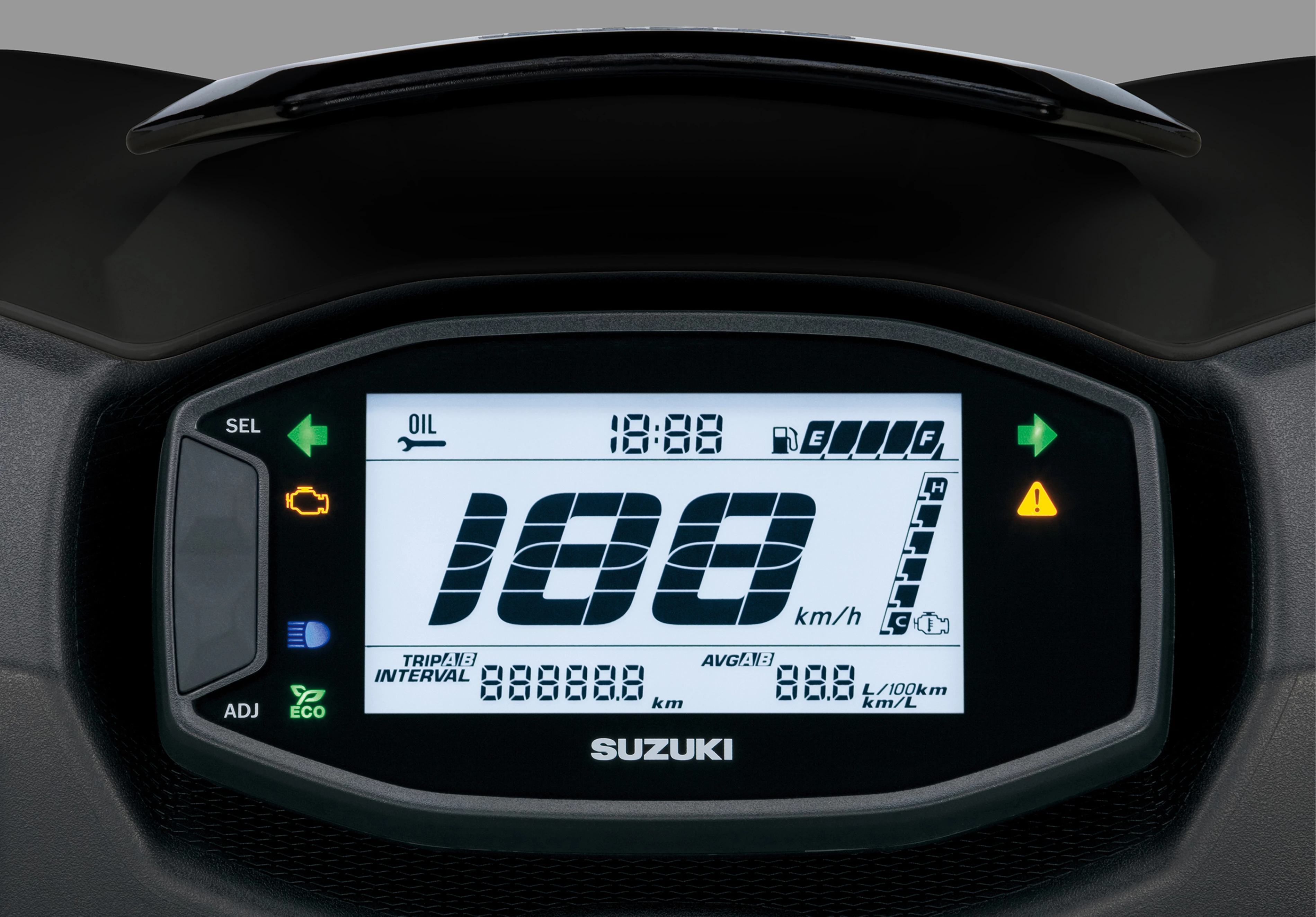 Suzuki Avenis 125 digital instrument panel, displaying speed, fuel level, and other essential metrics.