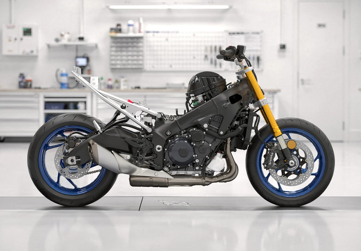Suzuki GSX-S1000 with bodywork taken off to reveal engine and chassis