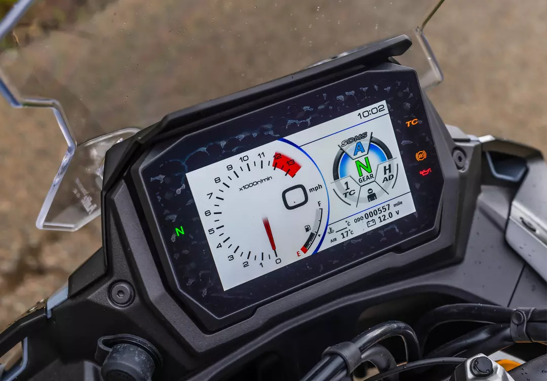 Suzuki GSX-S1000GX+ close-up of the TFT dash on location.