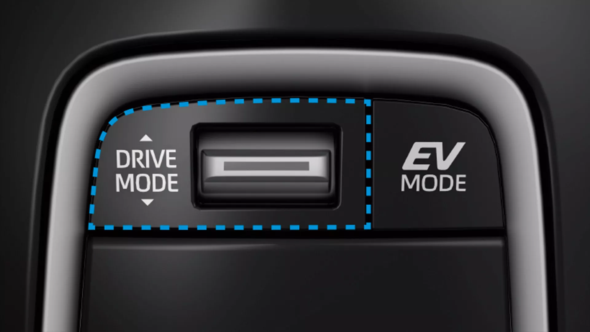 Close-up of Suzuki hybrid drive mode selector showing NORMAL, ECO, and SPORT options alongside EV Mode button.