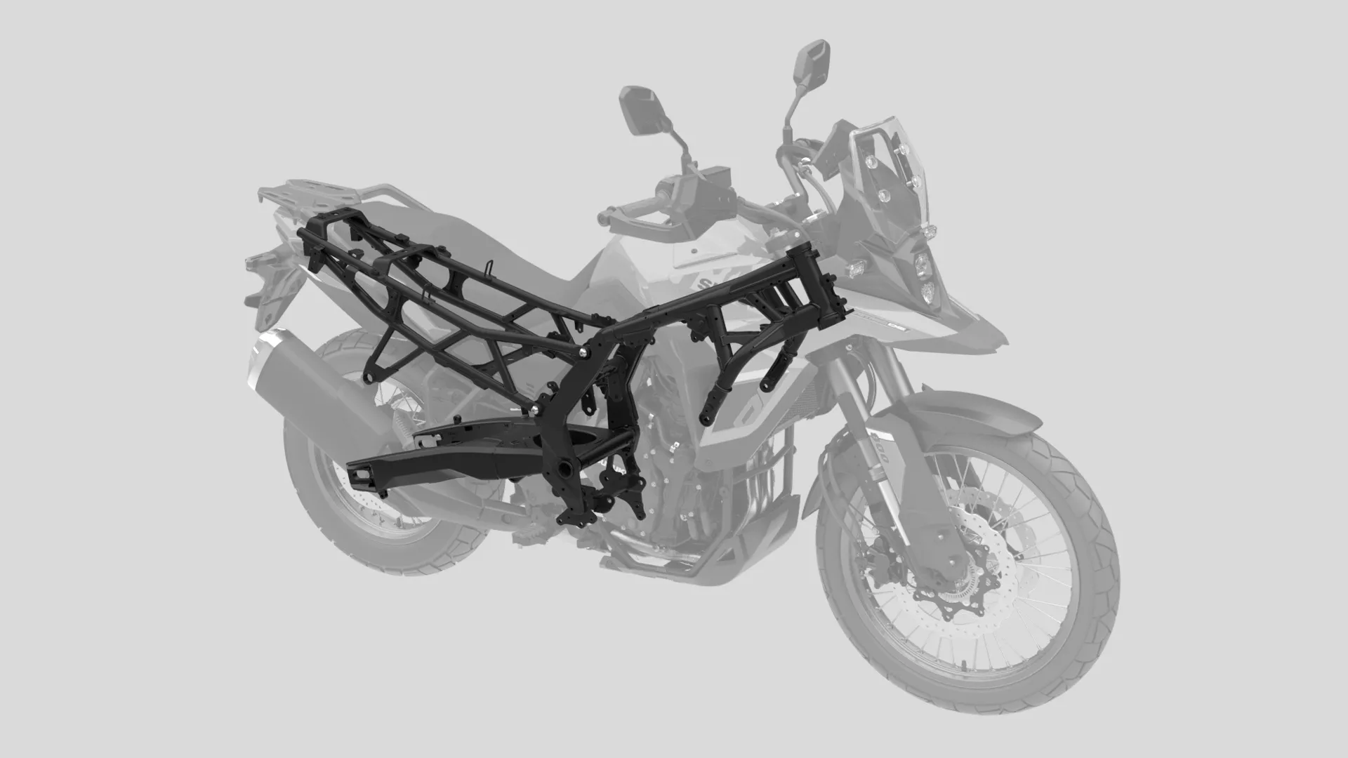 A transparent overlay of the Suzuki V-Strom 800DE chassis on the complete bike, illustrating its frame construction.