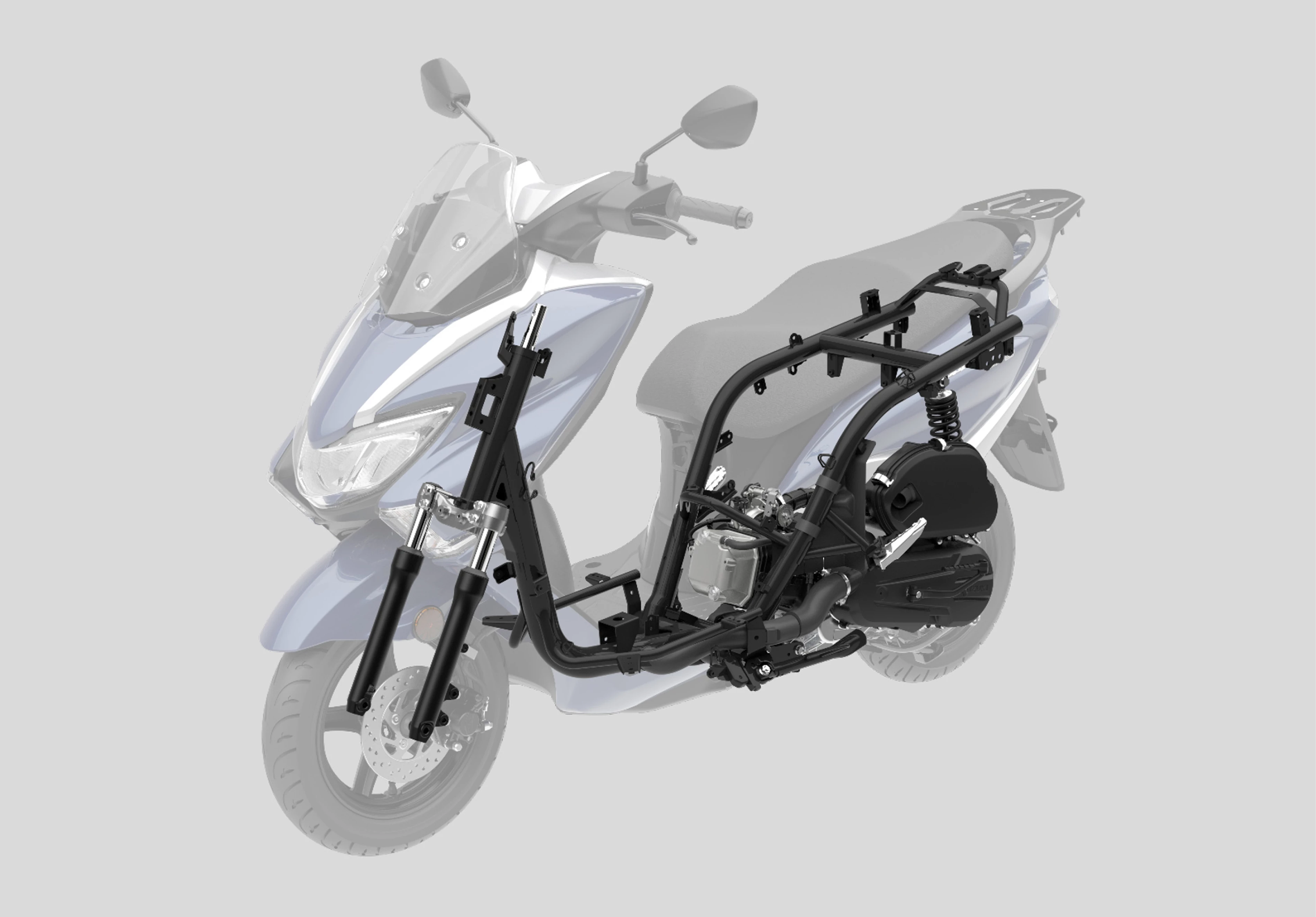  Suzuki Burgman Street 125EX structural view with its frame exposed, showcasing the robust chassis and engine integration.