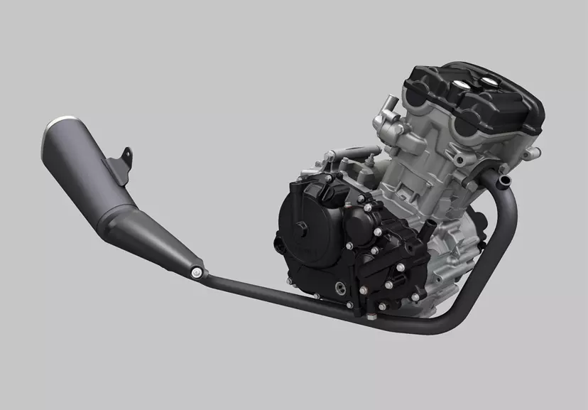 Suzuki GSX-R125 CGI of the engine and exhaust system. 