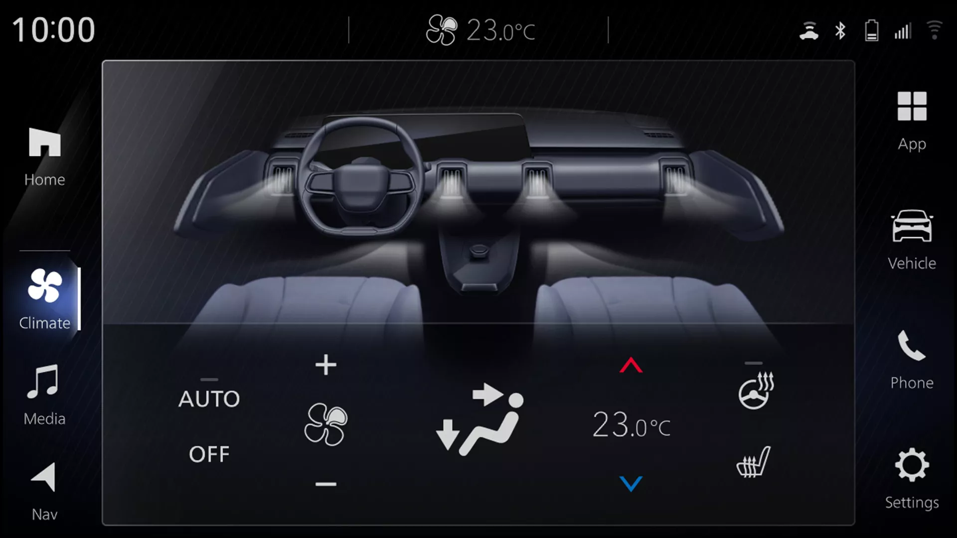 Suzuki e Vitara touchscreen climate control interface highlighting cabin heat pump system with dual-zone temperature setting