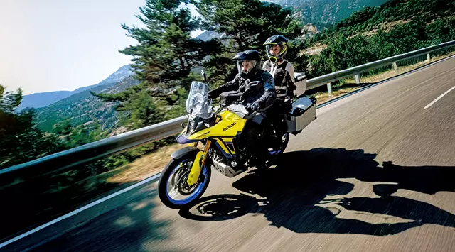 Suzuki V-Strom 800DE Tour riding along a mountain road