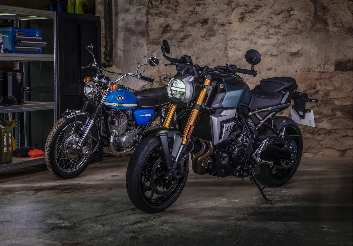 Suzuki GSX-8T left hand side static with T500 behind in a barn