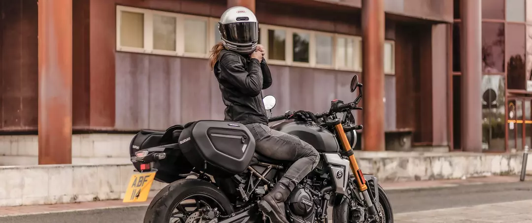 Suzuki GSX-8T accessorised bike right hand side with rider on the bike
