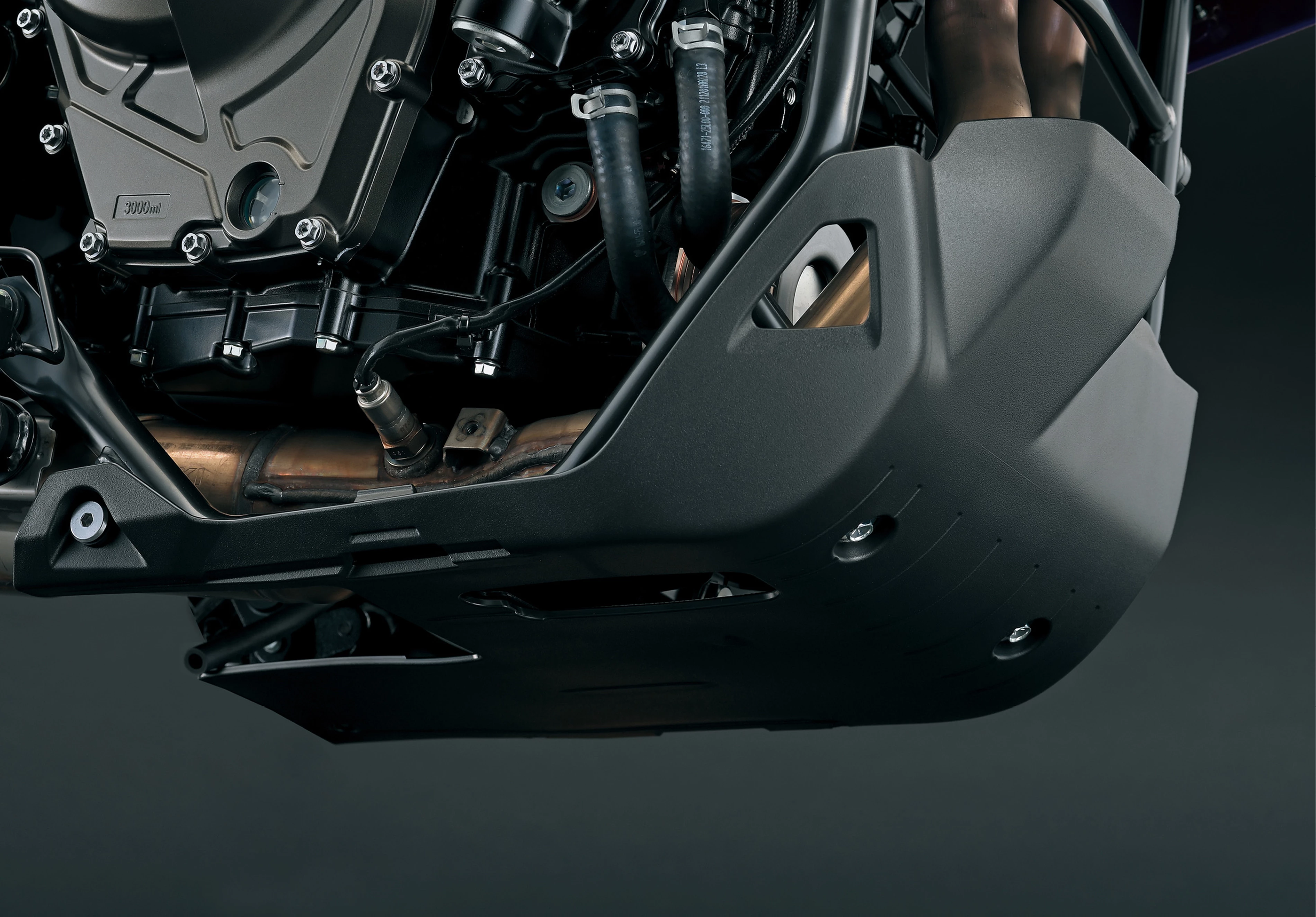 The Suzuki V-Strom 800DE detailed close up of the skid plate