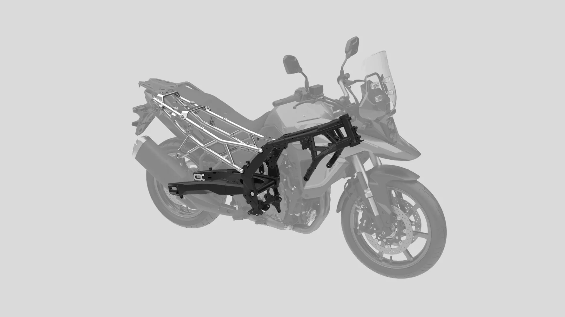 Suzuki V-Strom 800RE CGI of the chassis with the rest of the bike faded out around it