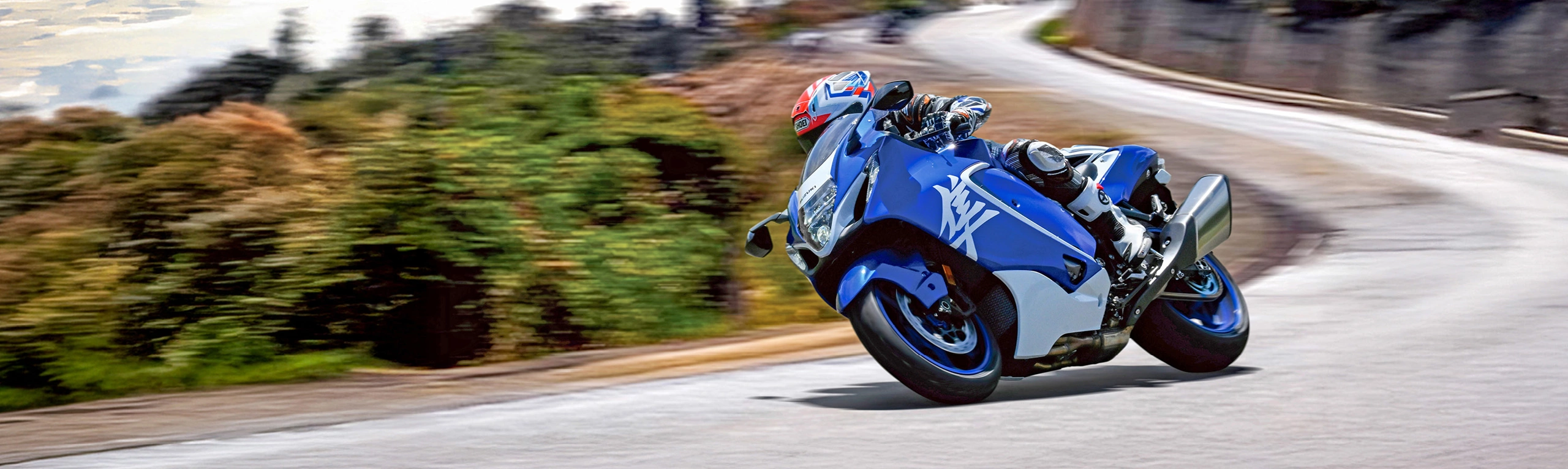 Suzuki Hayabusa Special Edition leaning hard into a corner on a mountain road