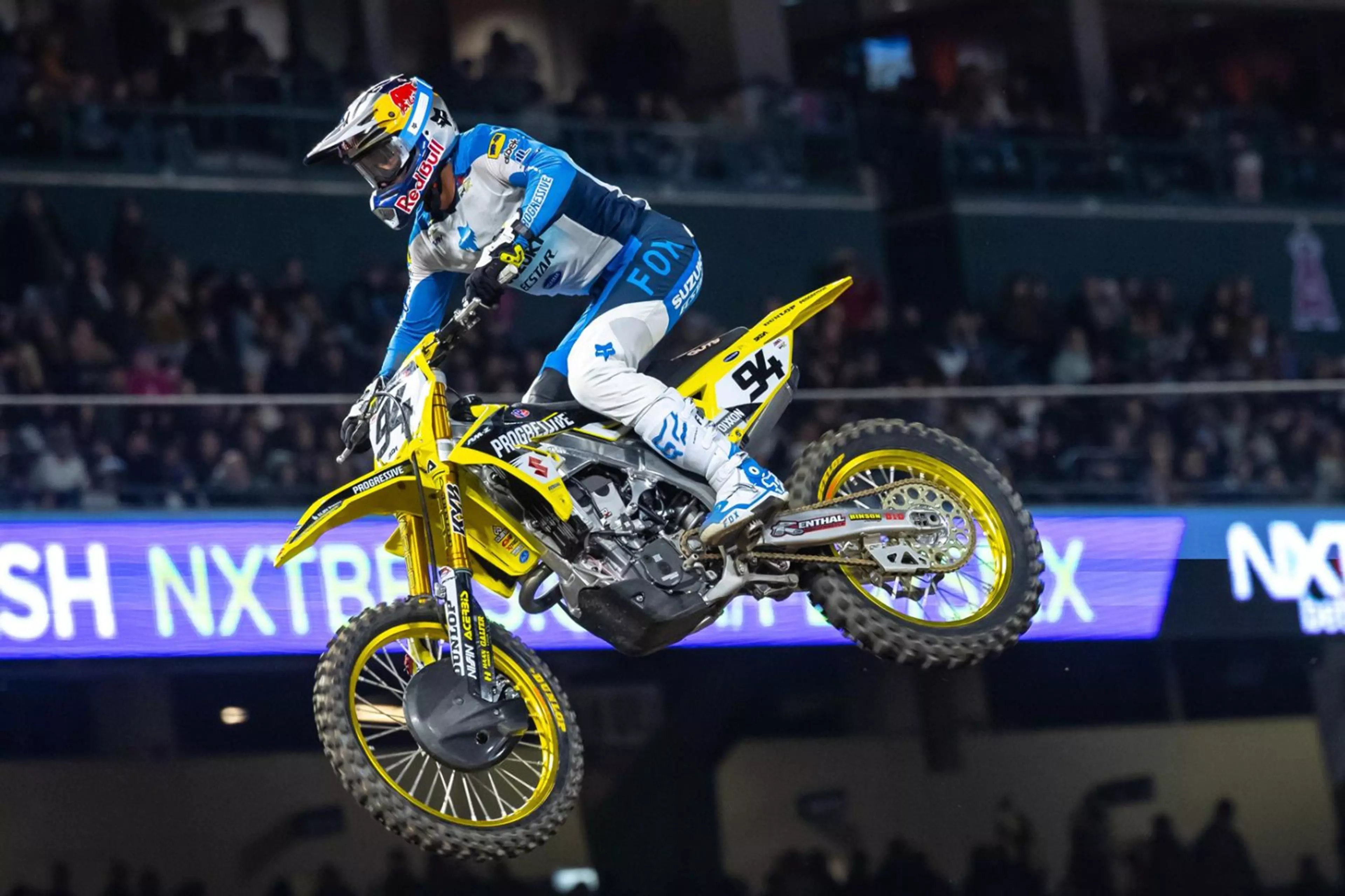 Ken Roczen jumping RM-Z450 Suzuki in the AMA Supercross Championship