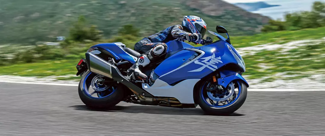 Suzuki Hayabusa Special Edition leaning hard into a corner on a mountain road