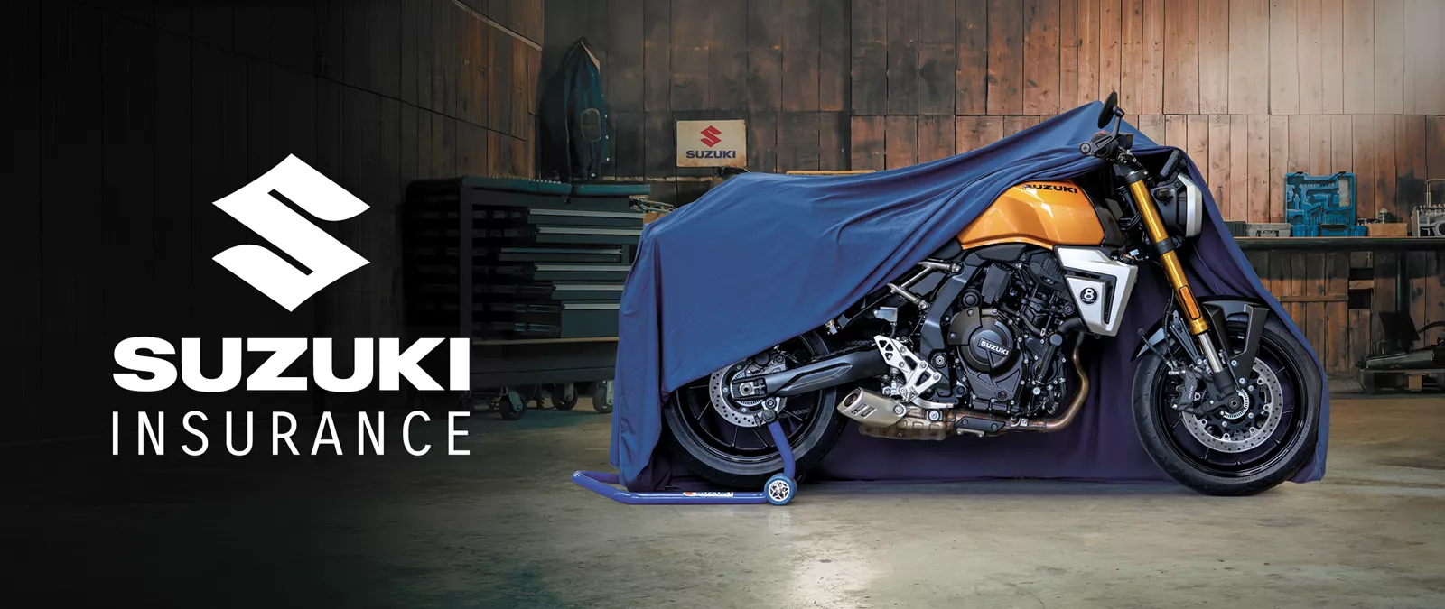 Suzuki GSX-8T gold, under a cover in a  garage