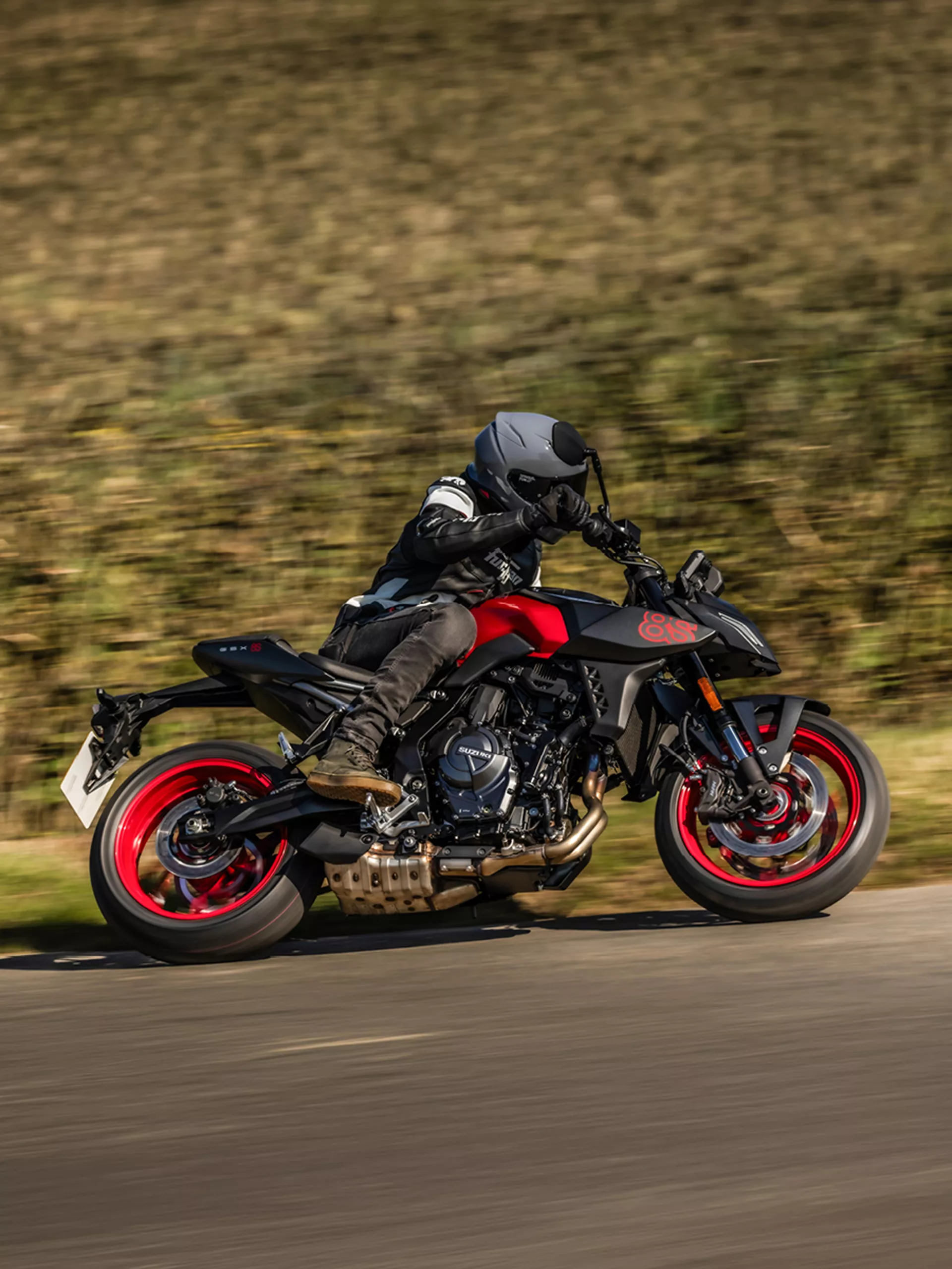 Suzuki GSX-8S leaning into a corner with a large hedge behind.