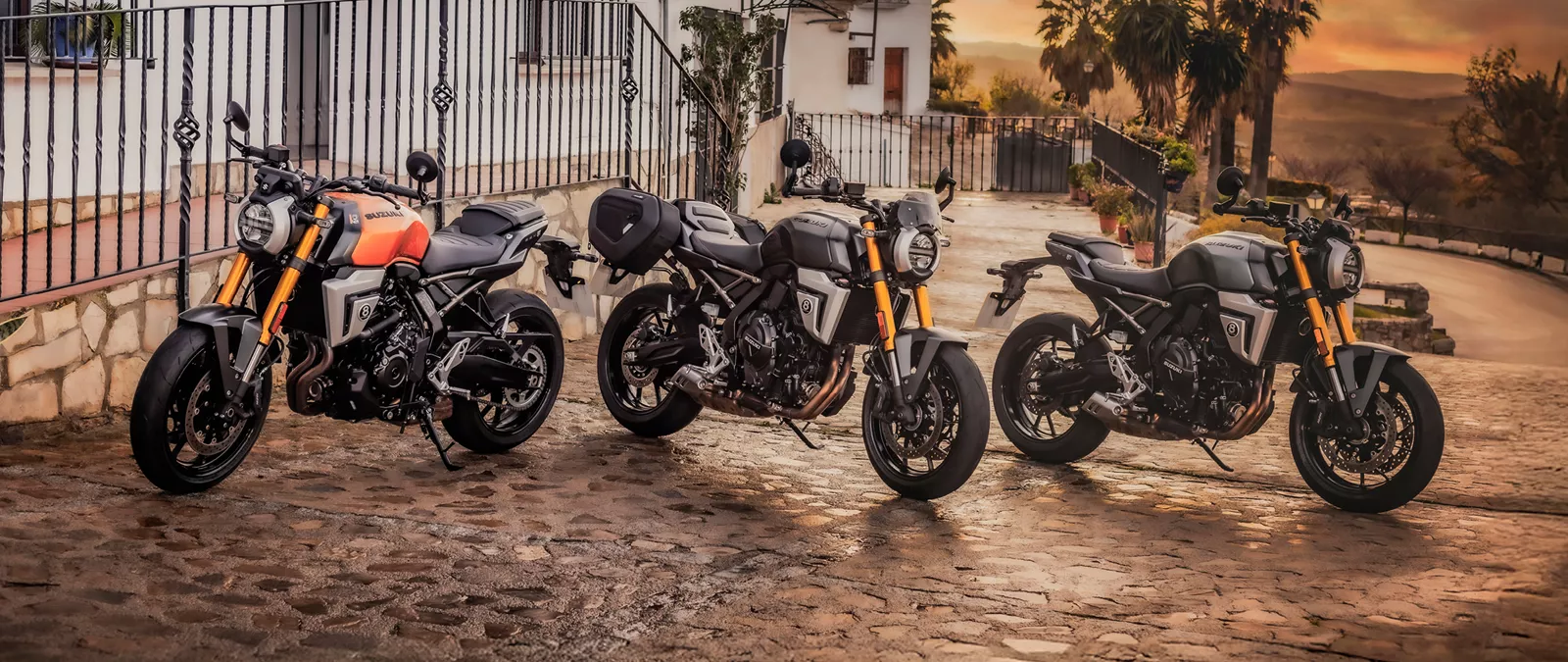 Suzuki GSX-8T three colour static at sunset outside a cafe