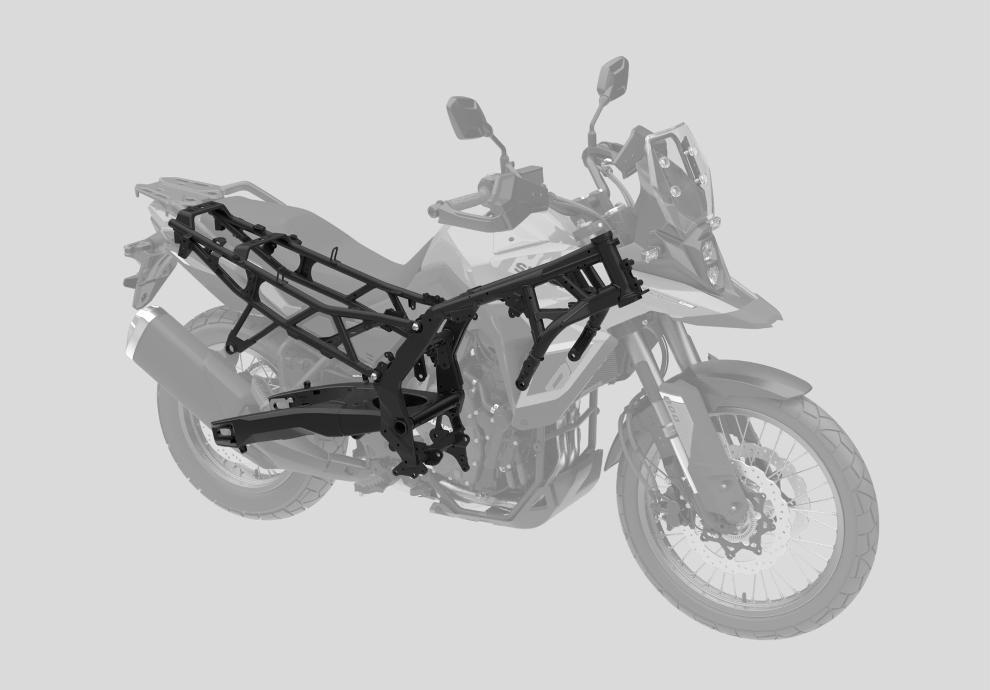 A transparent overlay of the Suzuki V-Strom 800DE chassis on the complete bike, illustrating its frame construction and structural integrity.