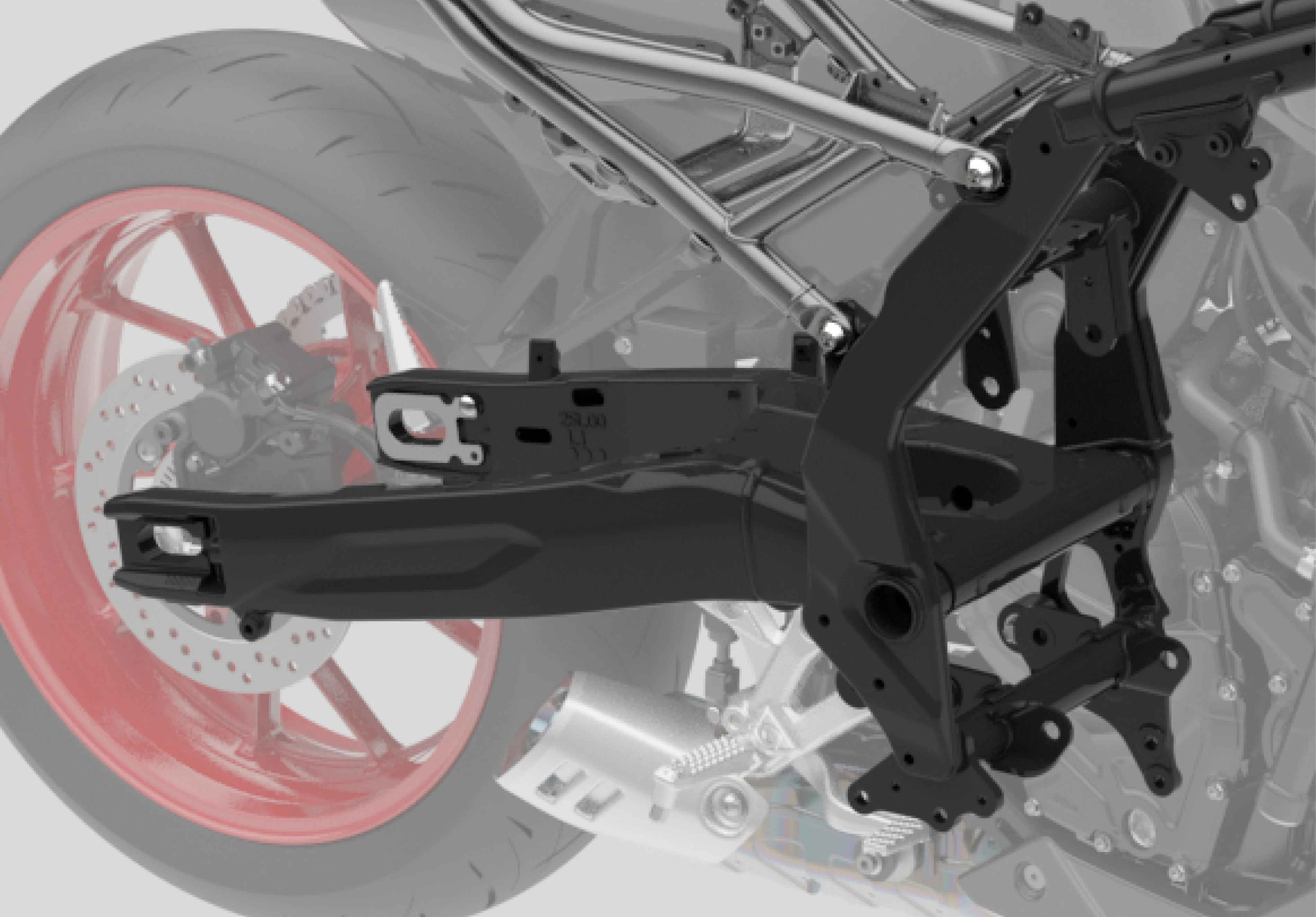 Suzuki GSX-8TT CGI image of the swingarm with the rest of the bike faded out around it