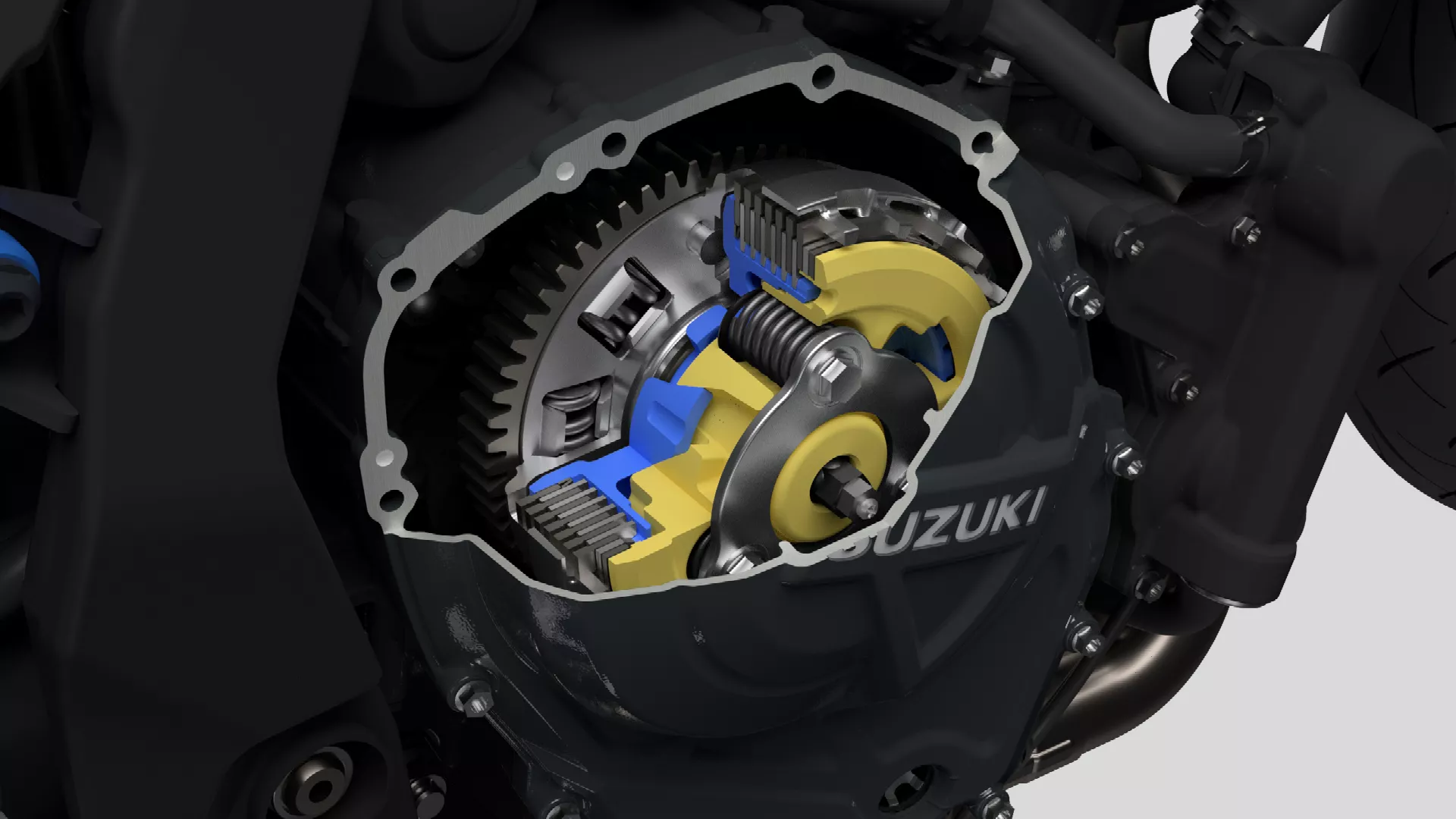 Suzuki GSX-8T clutch CGI close up of the clutch cut out.