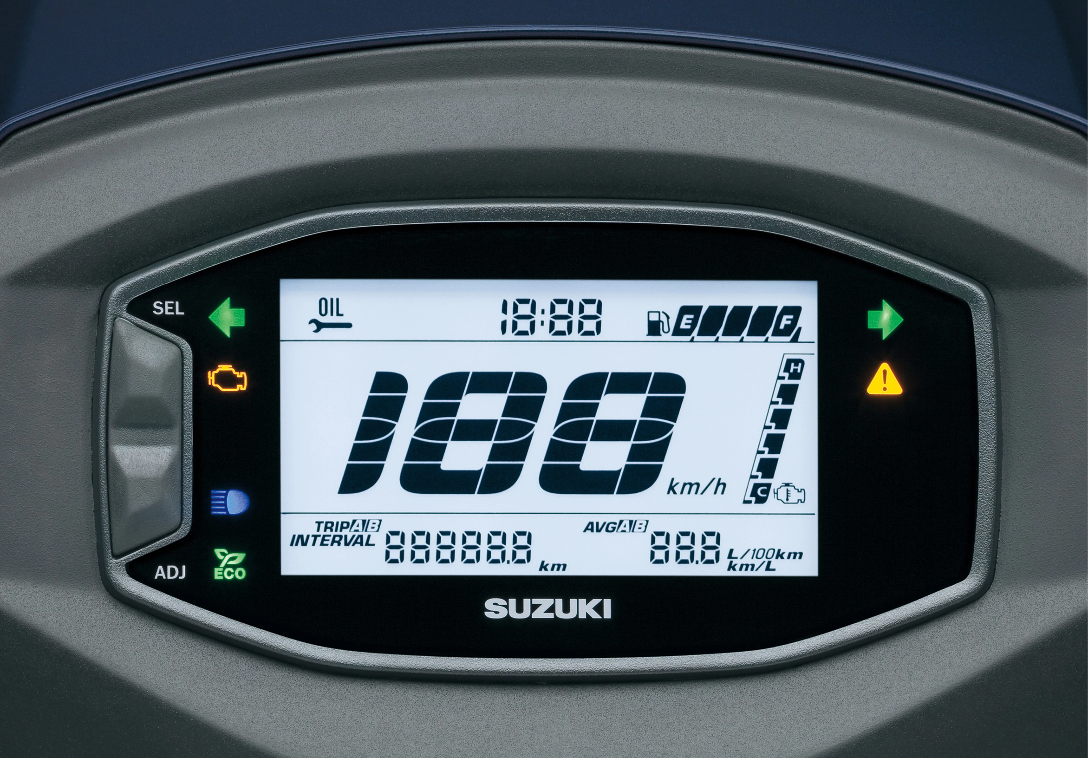 Suzuki Address 125 scooter dashboard showing speedometer and LCD display.
