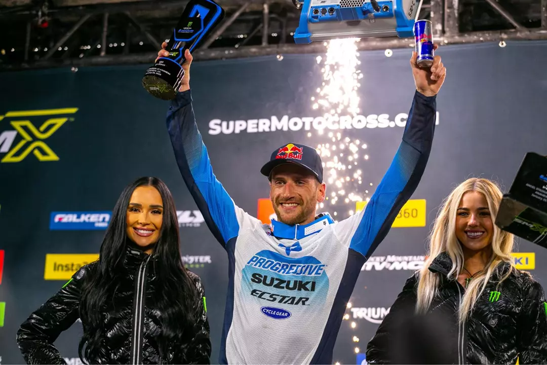 Ken Roczen on the AMA Supercross podium at Anaheim 2