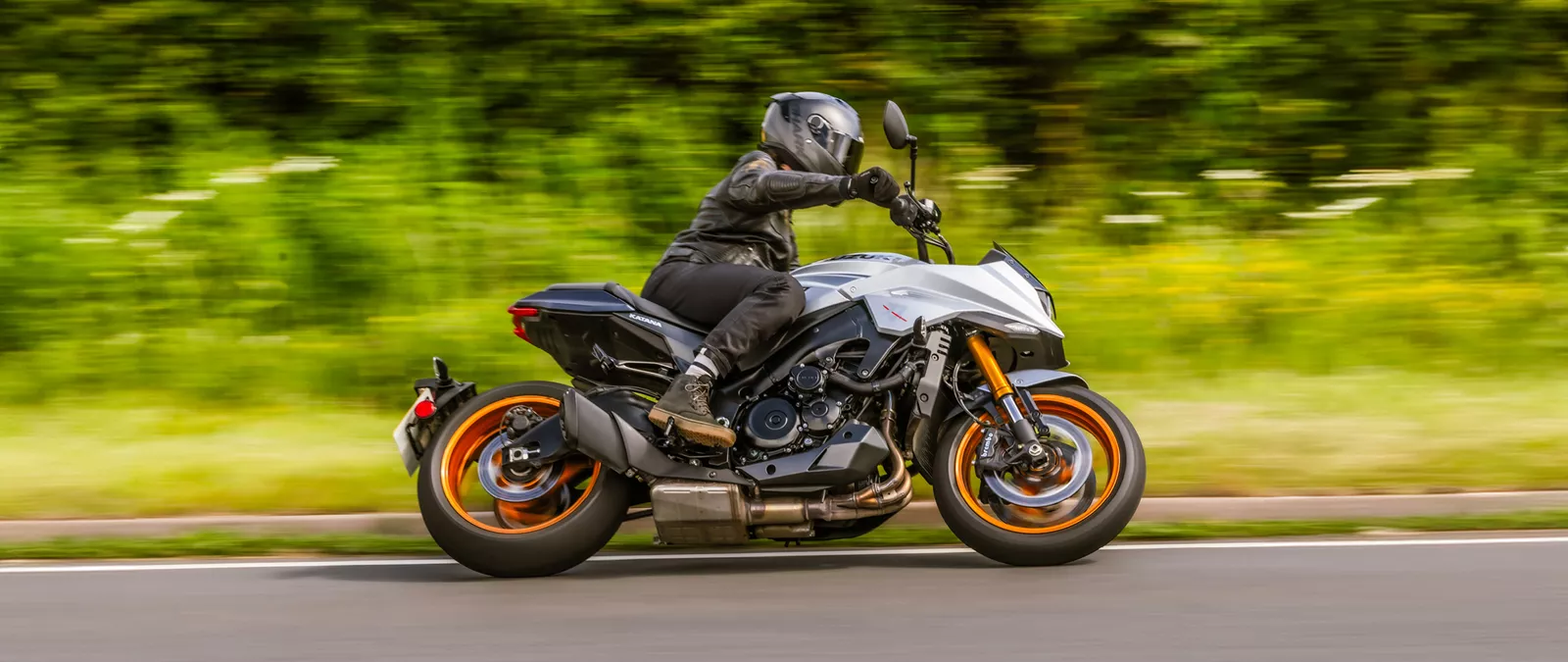 Suzuki Katana silver leaning into a corner with long grass and bushes behind