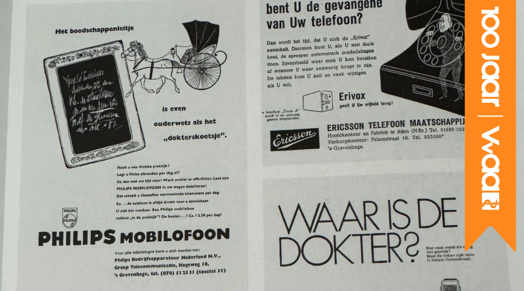 Oude krantenknipsels over opkomend telefoongebruik onder huisartsen